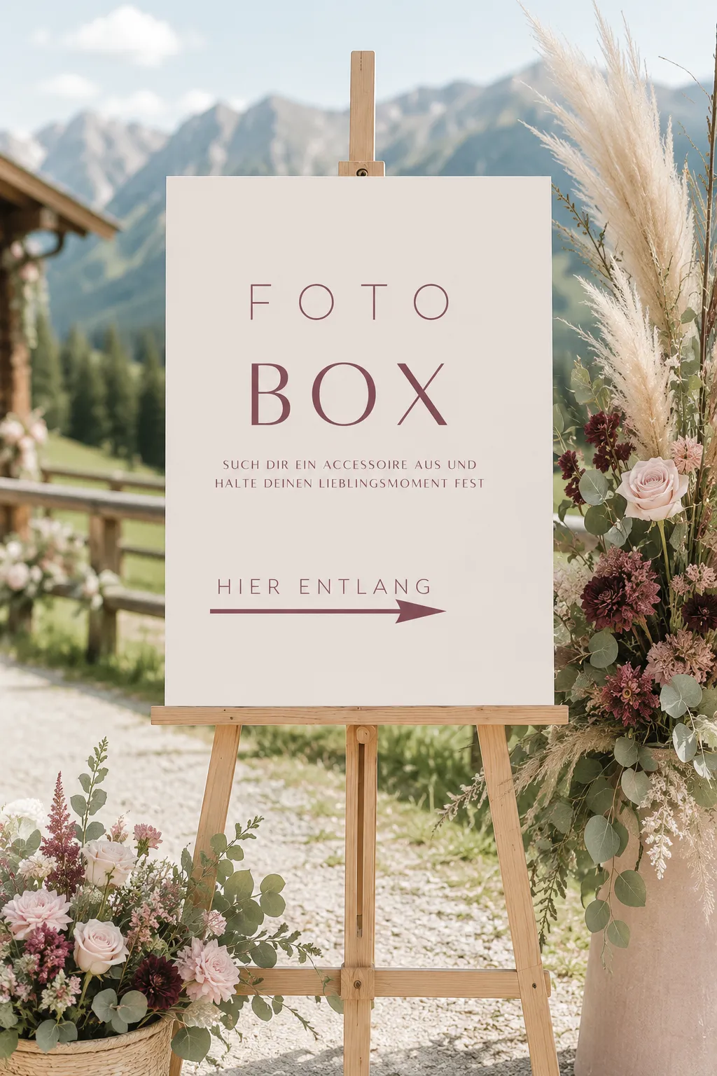Willkommensschild zur Fotobox vor Bergkulisse.