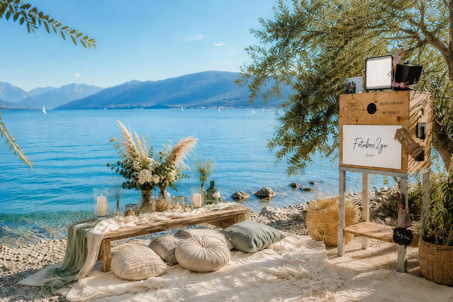 Fotobox2go mit Boho-Dekoration und festlichem Tisch am See.