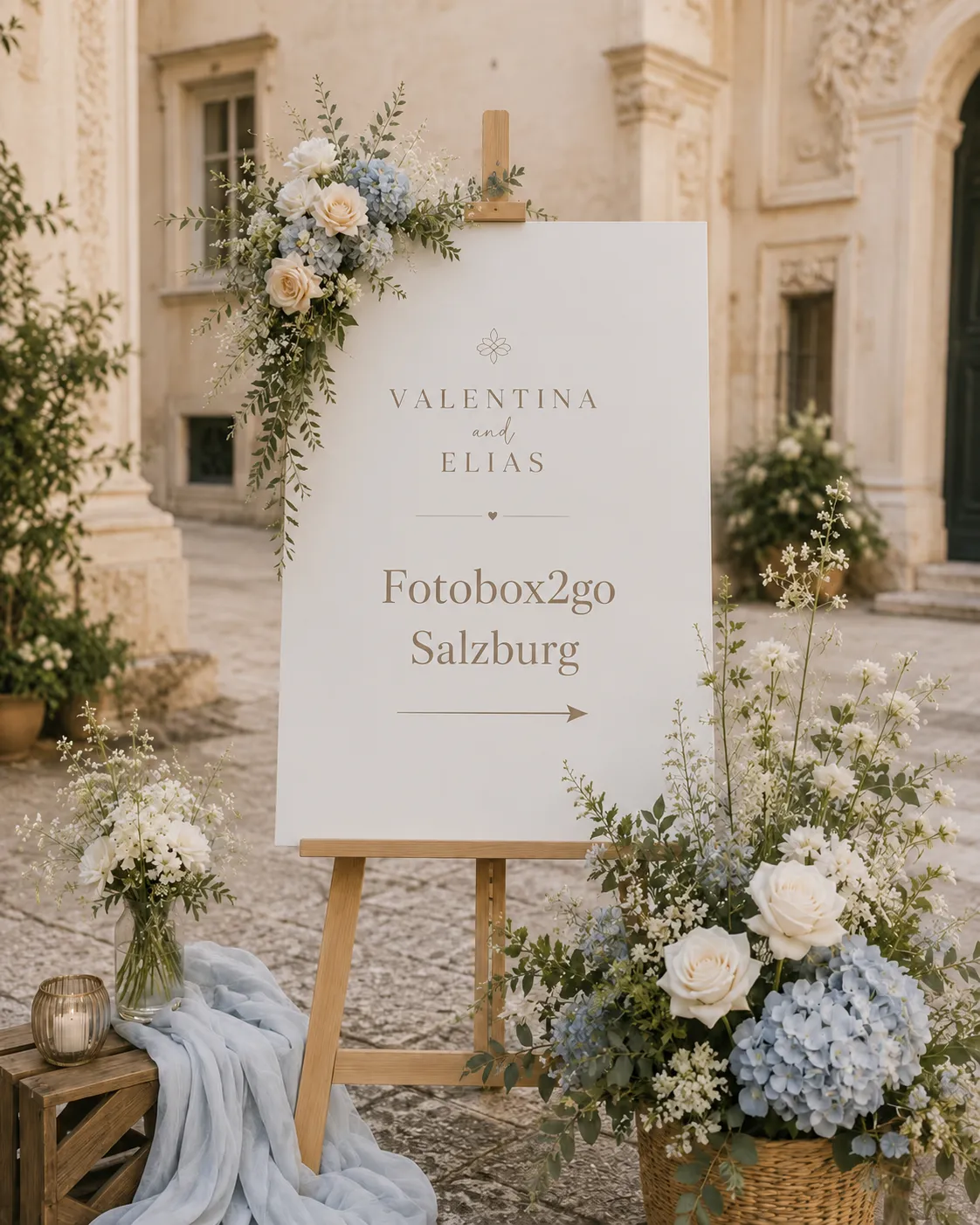 Schild mit Hinweis zur Fotobox auf einer Feier.