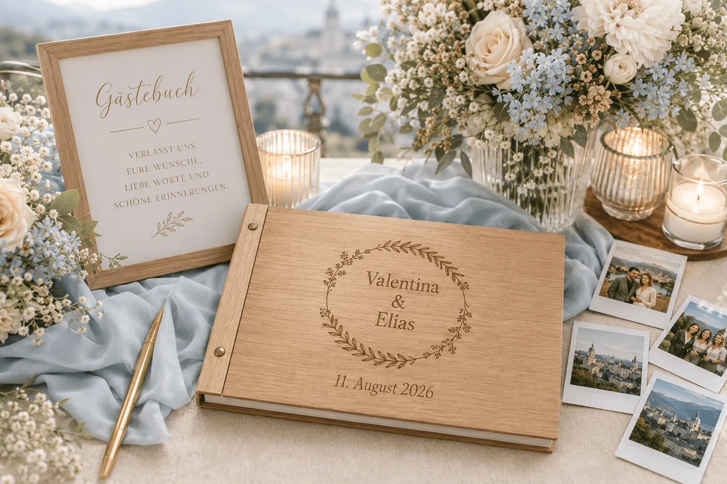 Personalisiertes Gästebuch mit Sofortdrucken und floraler Hochzeitsdekoration.