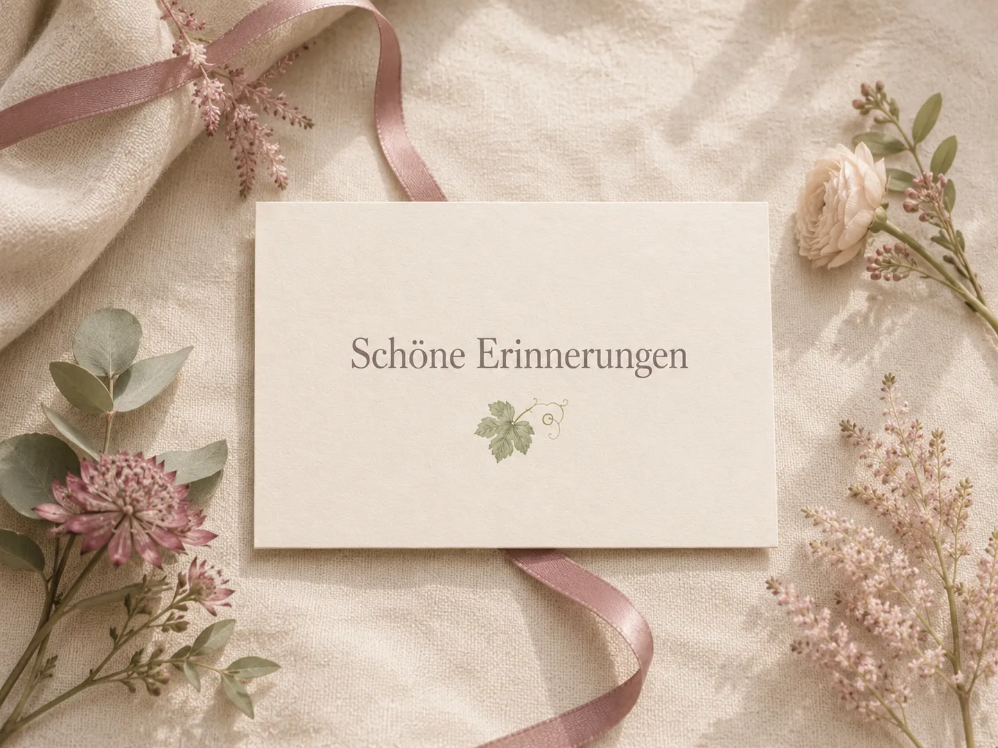 Karte mit schönen Erinnerungen auf Leinenstoff.