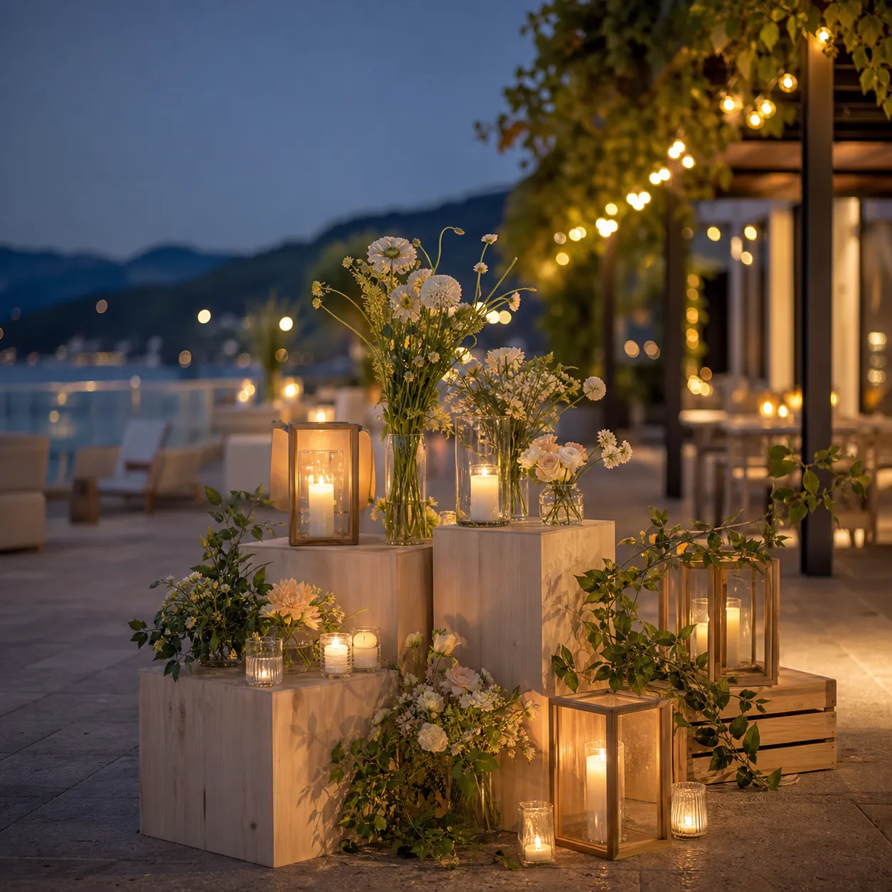 Abendliche Tischdekoration mit Kerzen und Blumen.
