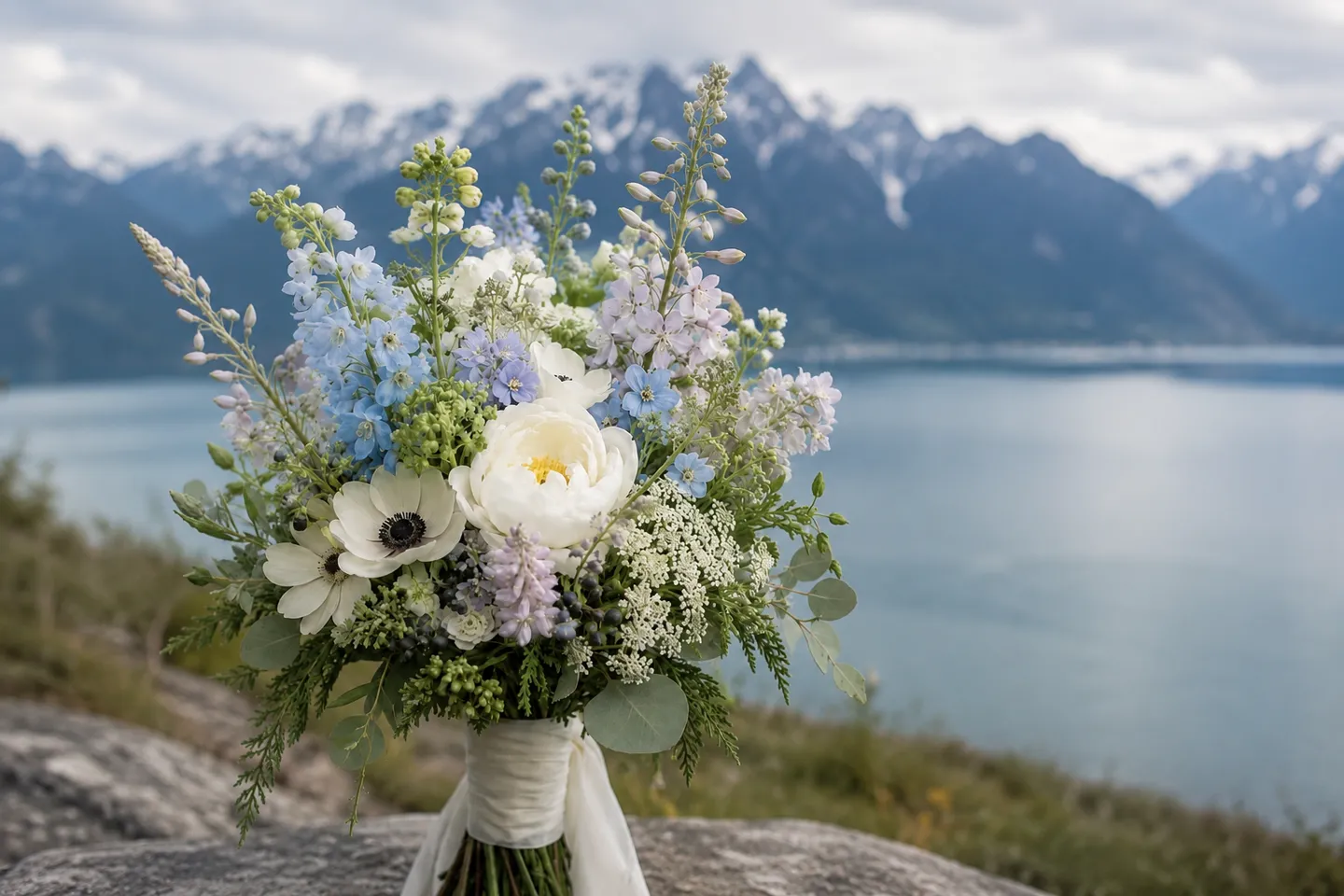 Brautstrauß mit Blumen vor Berg- und Seekulisse.