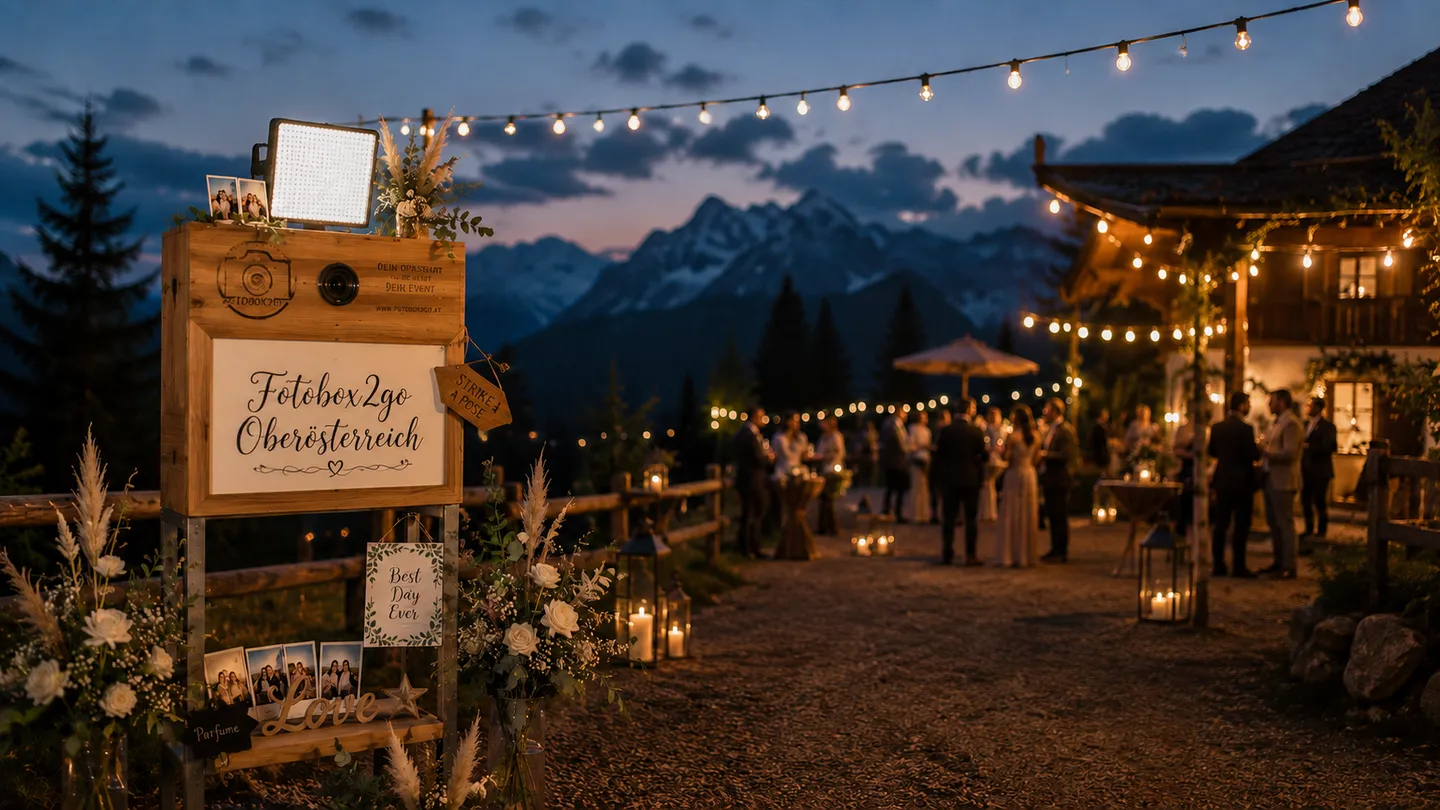 Fotobox2go bei einer Abendfeier im Salzkammergut mit Lichterketten.