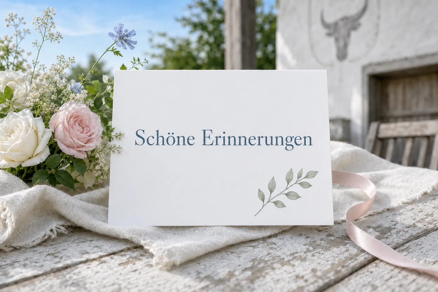 Karte mit schönen Erinnerungen auf Leinenstoff.