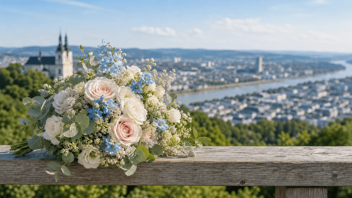 Brautstrauß mit Blick über Linz und die Donau.
