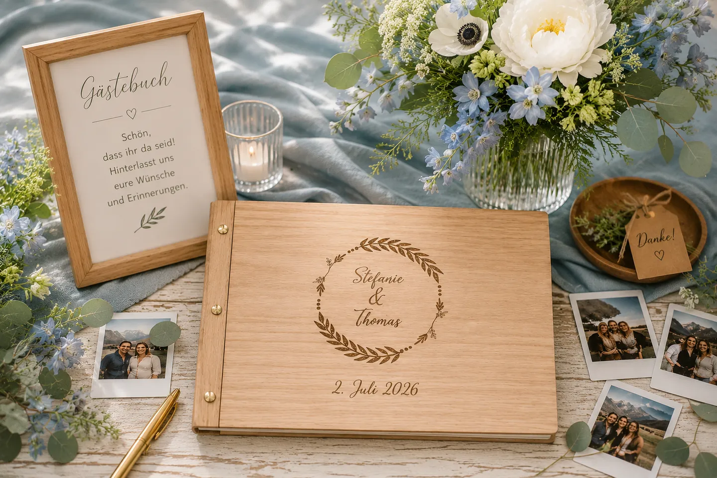 Personalisiertes Gästebuch mit Sofortdrucken und floraler Hochzeitsdekoration.