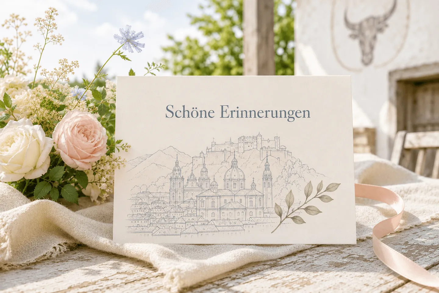 Karte mit schönen Erinnerungen auf Leinenstoff.