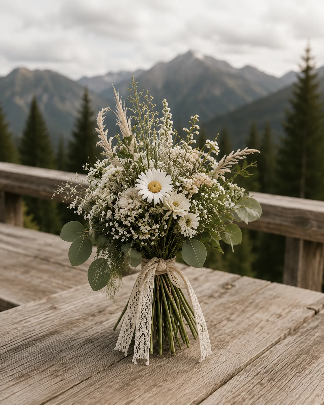 Brautstrauß mit weißen Blüten vor Tiroler Bergkulisse.