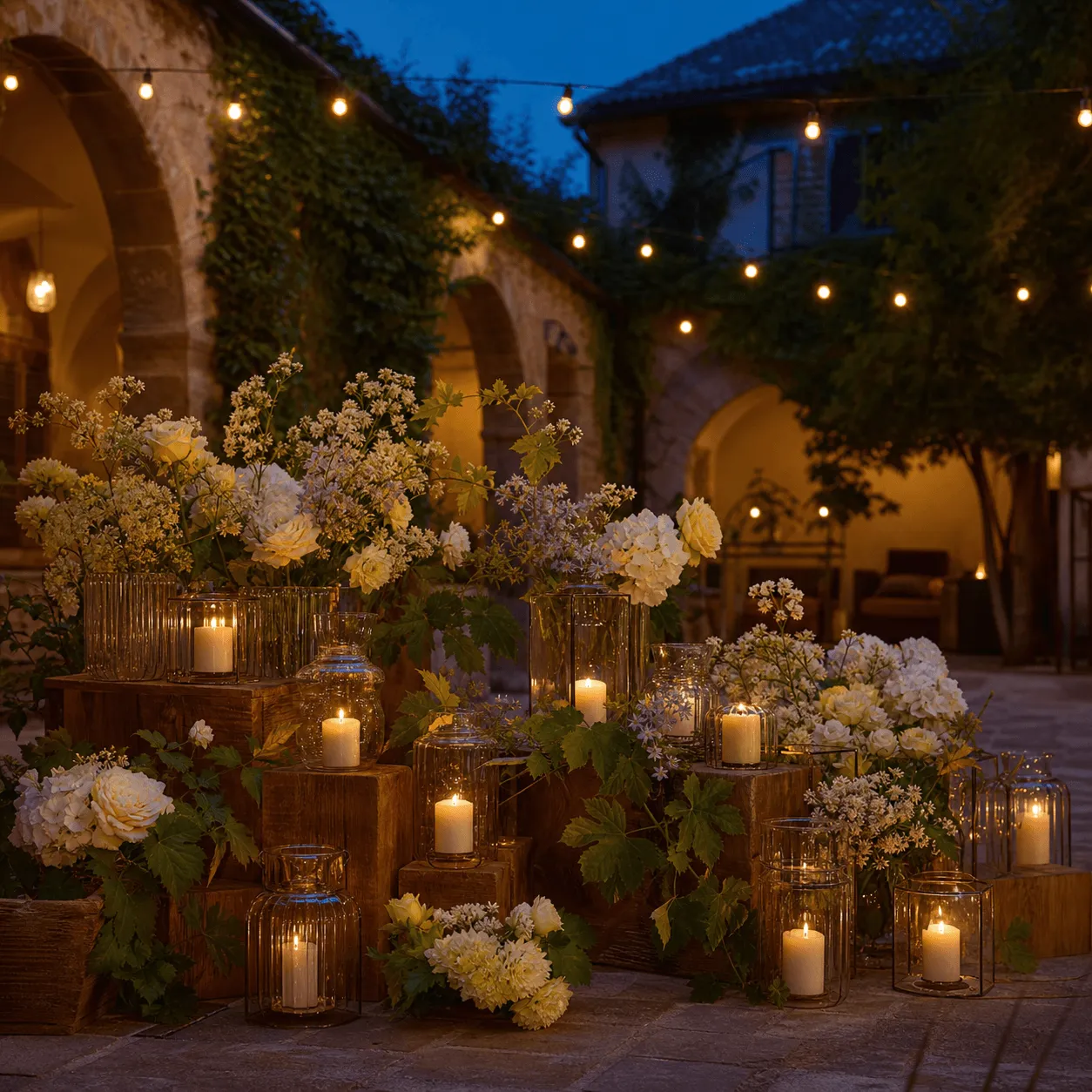 Beleuchteter Erinnerungsweg mit Hochzeitsfotos und Blumen.