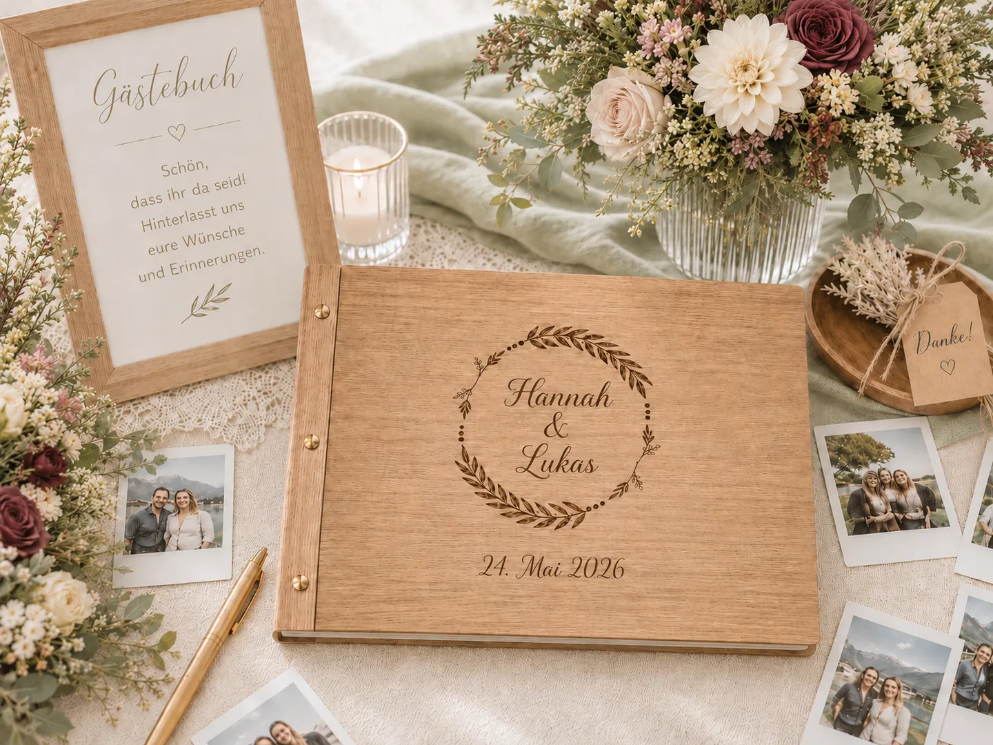 Personalisiertes Gästebuch mit Sofortdrucken und floraler Hochzeitsdekoration.