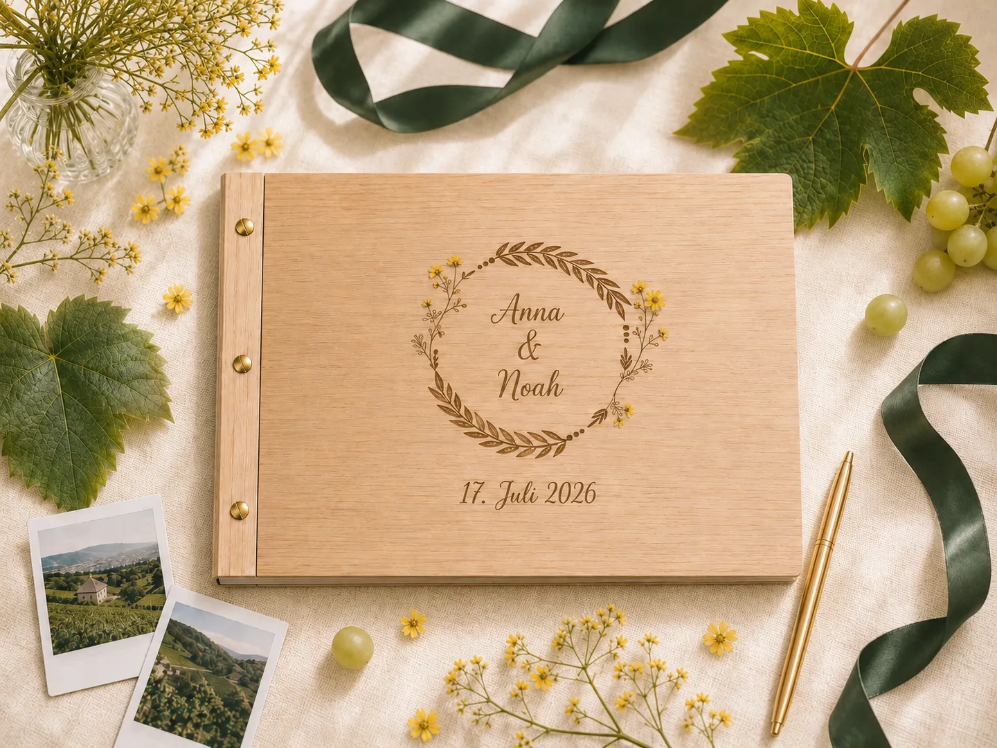 Personalisiertes Gästebuch mit Sofortdrucken und floraler Hochzeitsdekoration.
