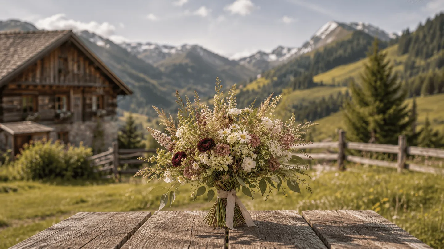 Brautstrauß mit Blumen vor Berg- und Seekulisse.