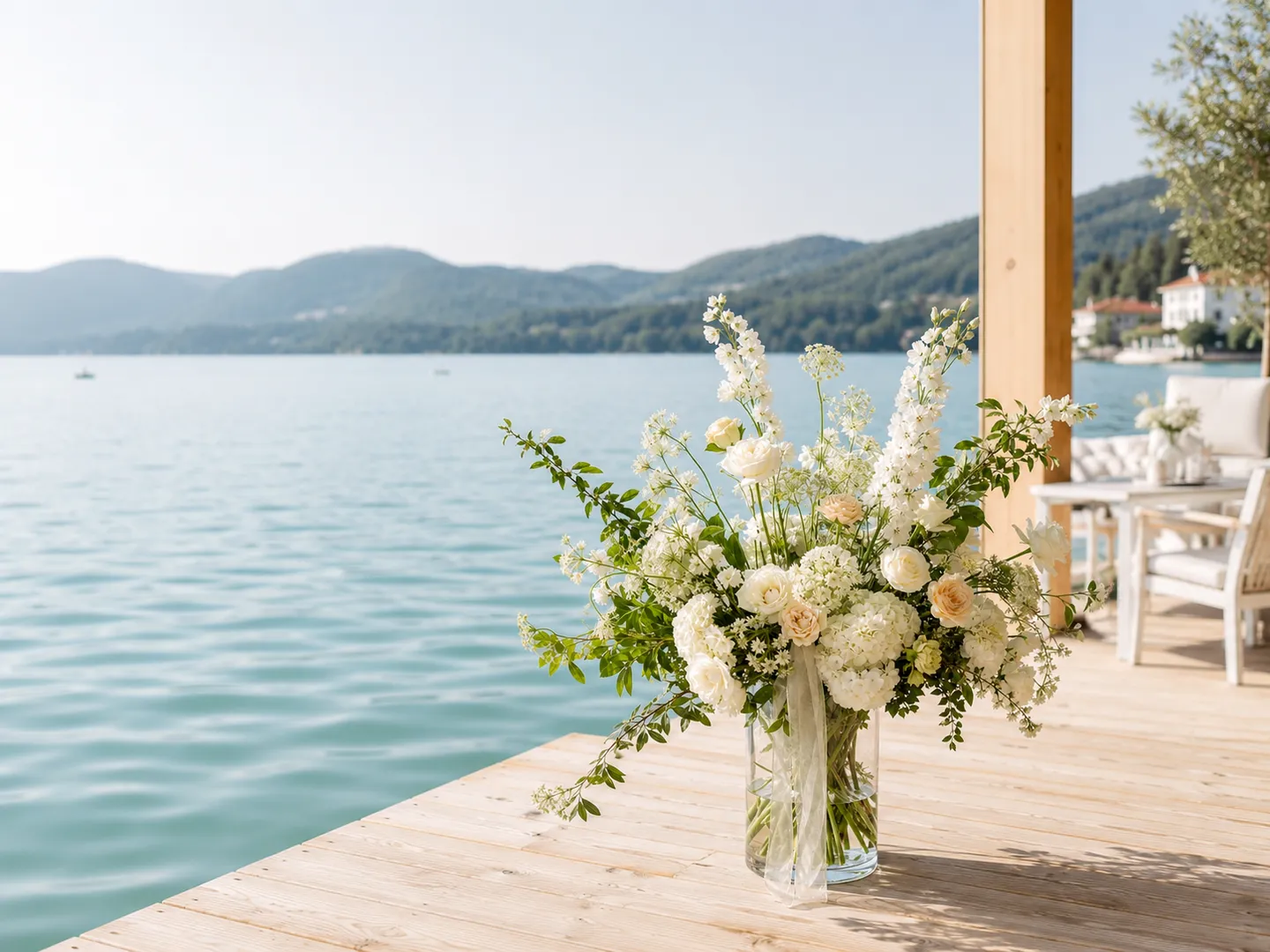Blumenstrauß auf einer Terrasse am See.