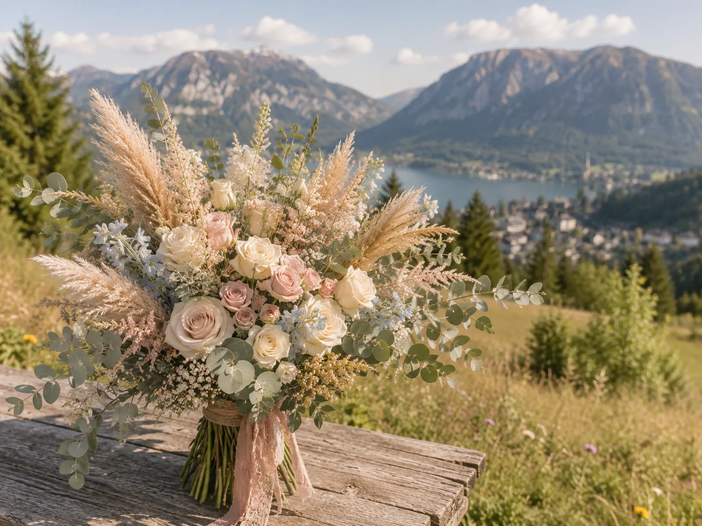Brautstrauß mit Blumen vor Berg- und Seekulisse.