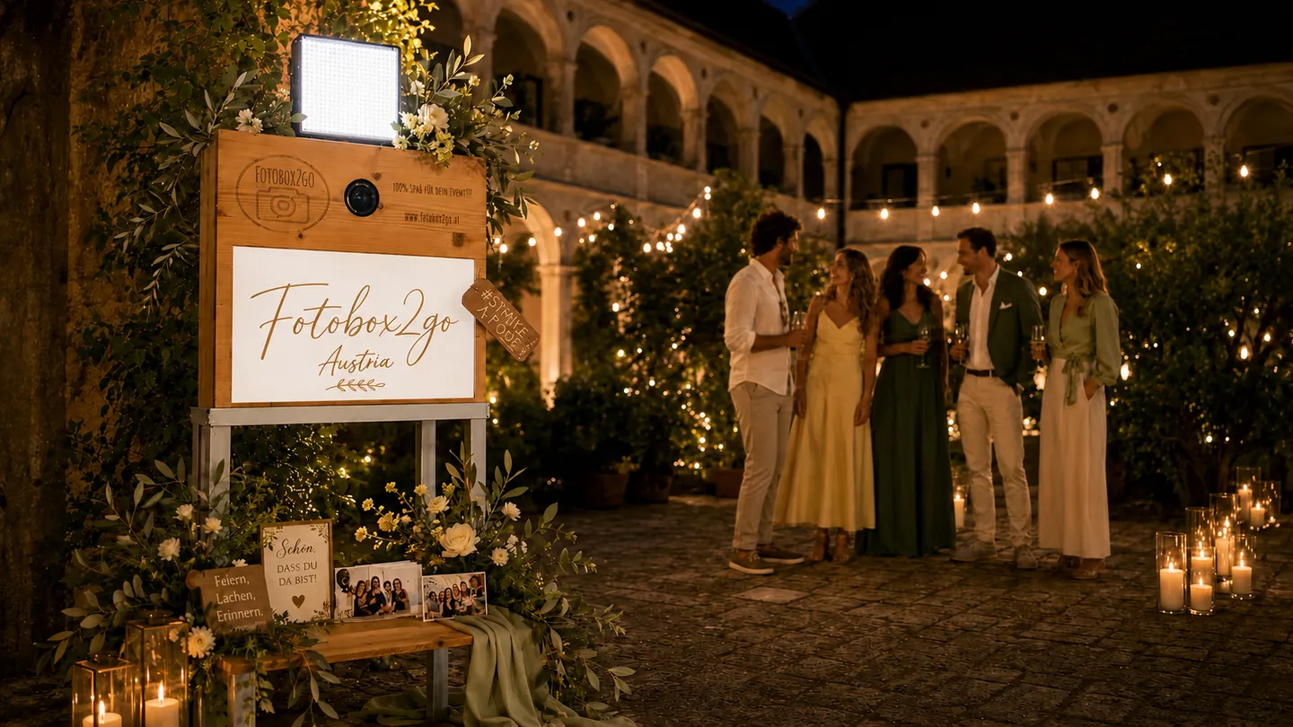 Fotobox2go bei einer Abendfeier mit Gästen und Lichterketten.