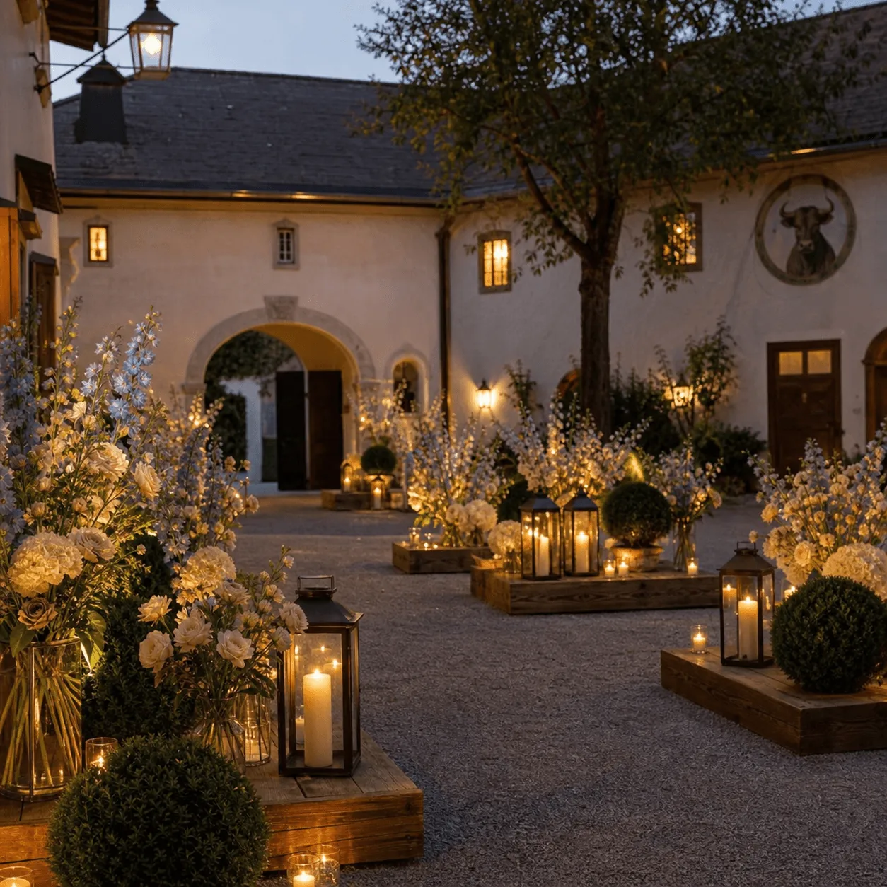 Beleuchteter Erinnerungsweg mit Hochzeitsfotos und Blumen.
