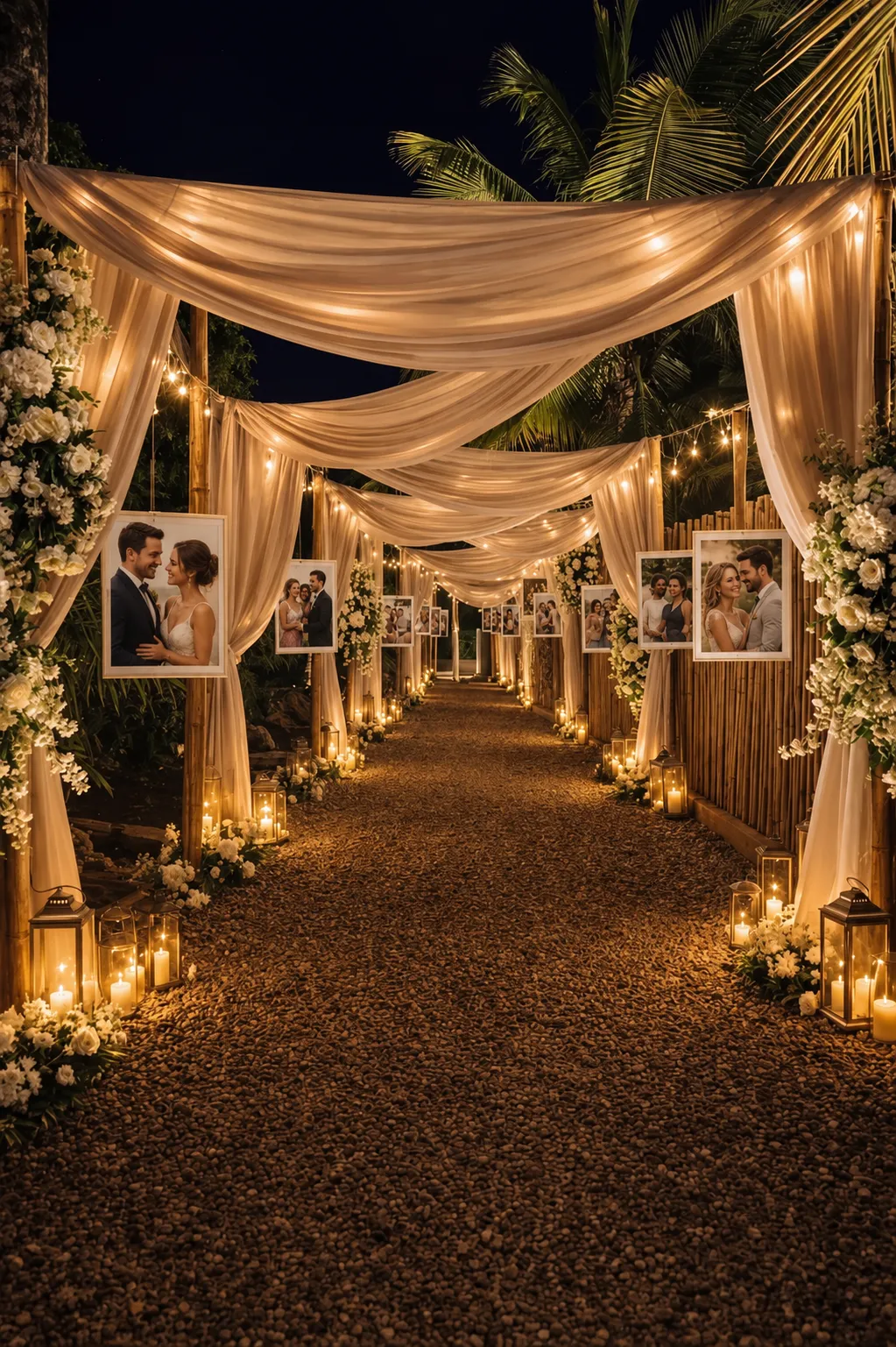 Beleuchteter Erinnerungsweg mit Hochzeitsfotos und Blumen.