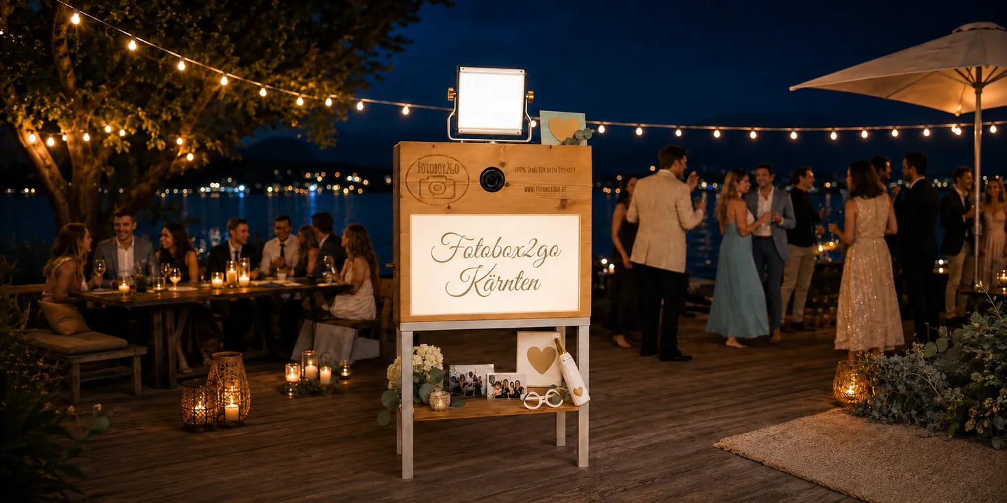 Fotobox2go Kärnten bei einer Feier am See in der Nacht.