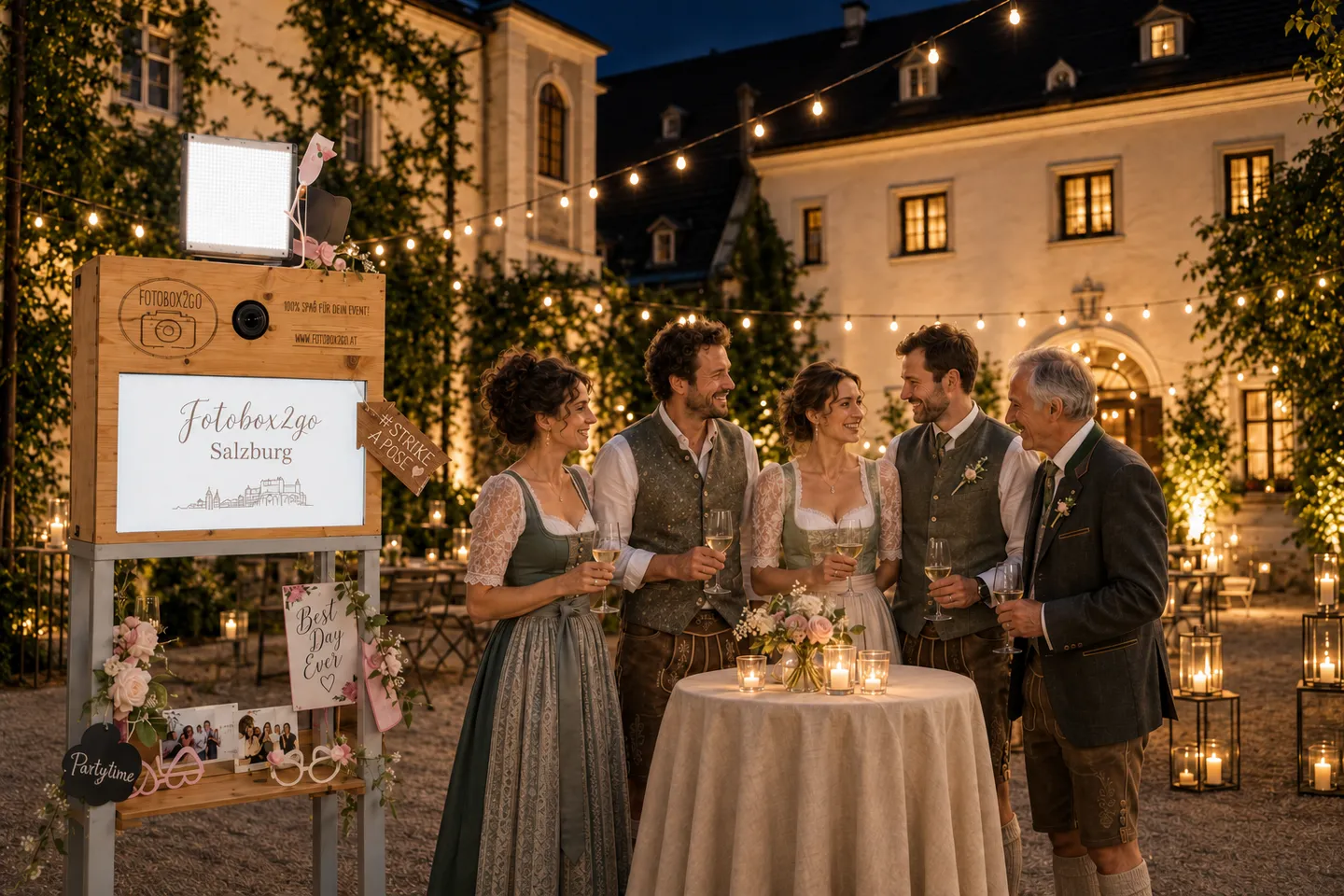 Fotobox2go bei einer Abendfeier im Salzburg mit Lichterketten.