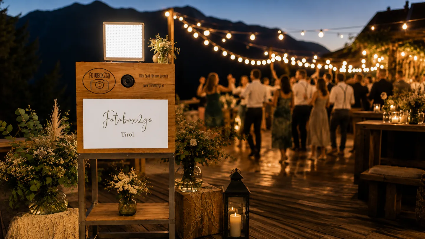 Fotobox2go bei einer Abendfeier in Tirol mit Lichterketten.