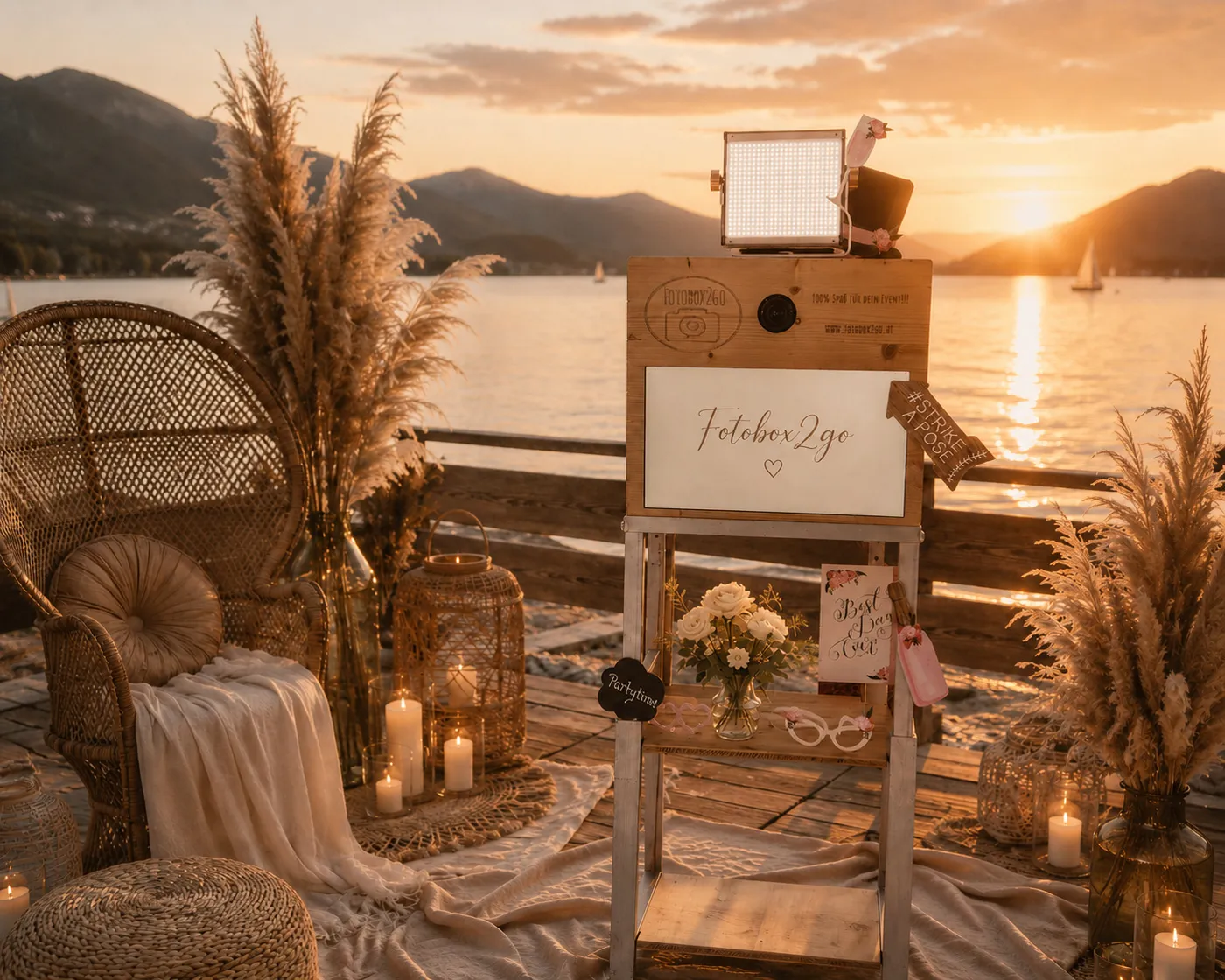 Fotobox2go mit Boho-Dekoration bei Sonnenuntergang am See.