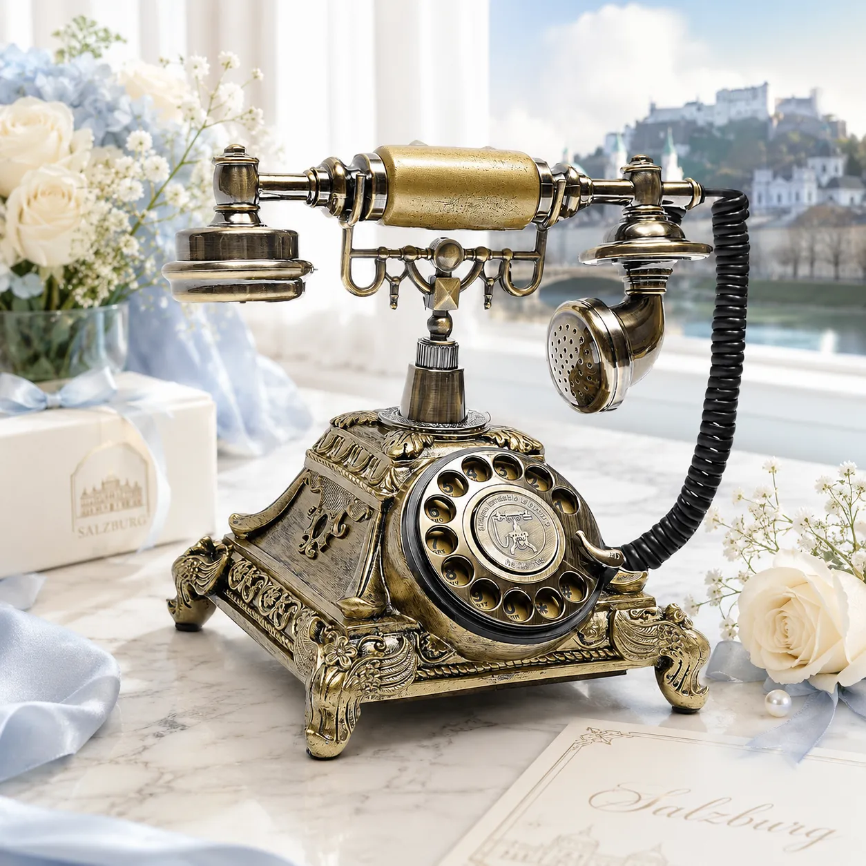 Vintage-Telefon als Audio-Gästebuch mit Blumen und Blick auf die Festung Hohensalzburg.