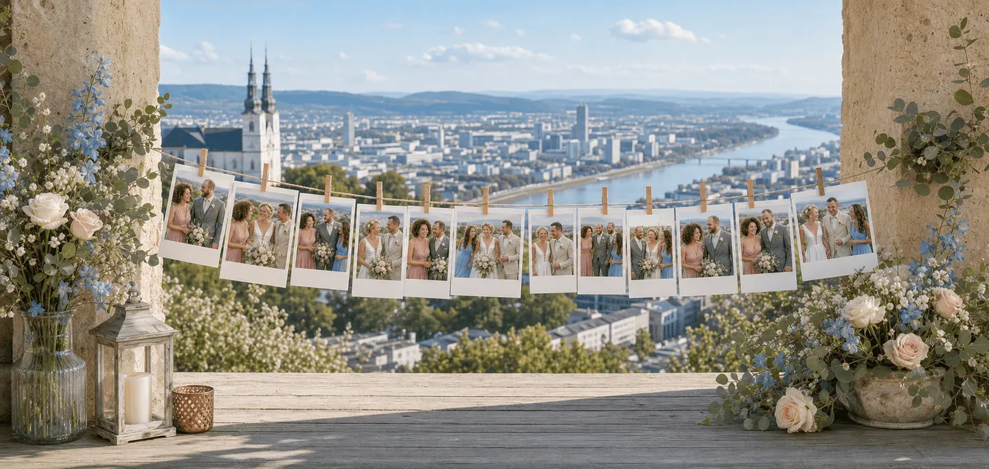 Fotoleine mit Hochzeitsbildern und Blick über Linz.
