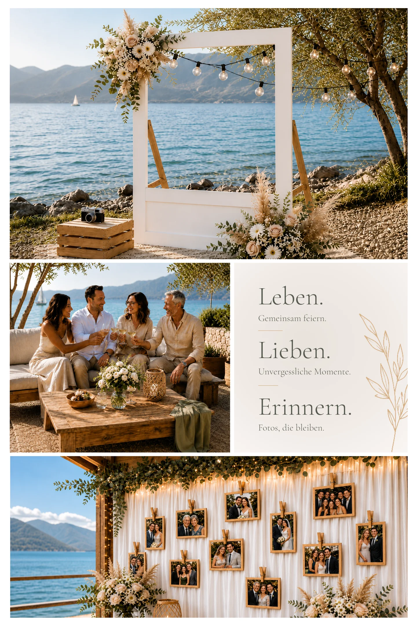 Hochzeitscollage mit Fotohintergrund, Gästen, Fotobox und dem Text Leben, Lieben, Erinnern.