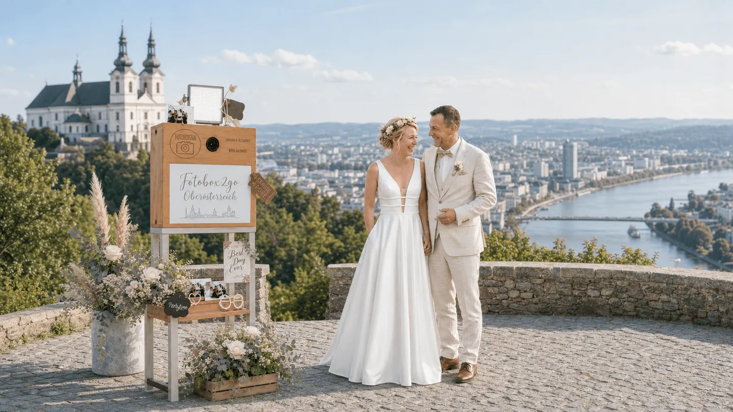 Brautpaar neben Fotobox2go Oberösterreich am Pöstlingsberg in Linz.