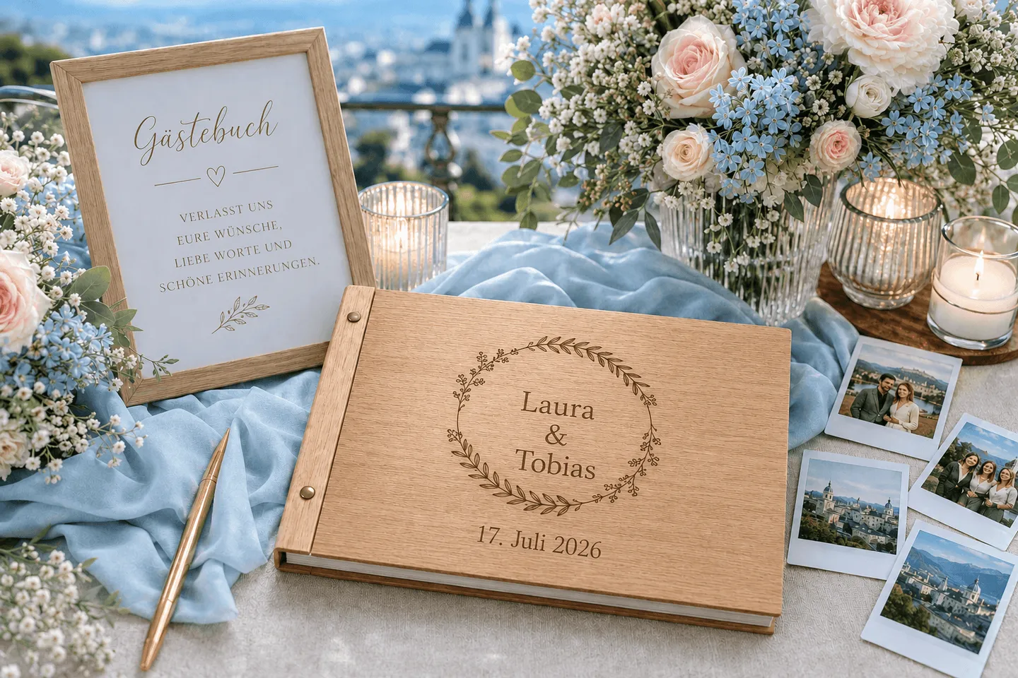 Personalisiertes Hochzeitsgästebuch mit Sofortbildern und floraler Dekoration in Linz.