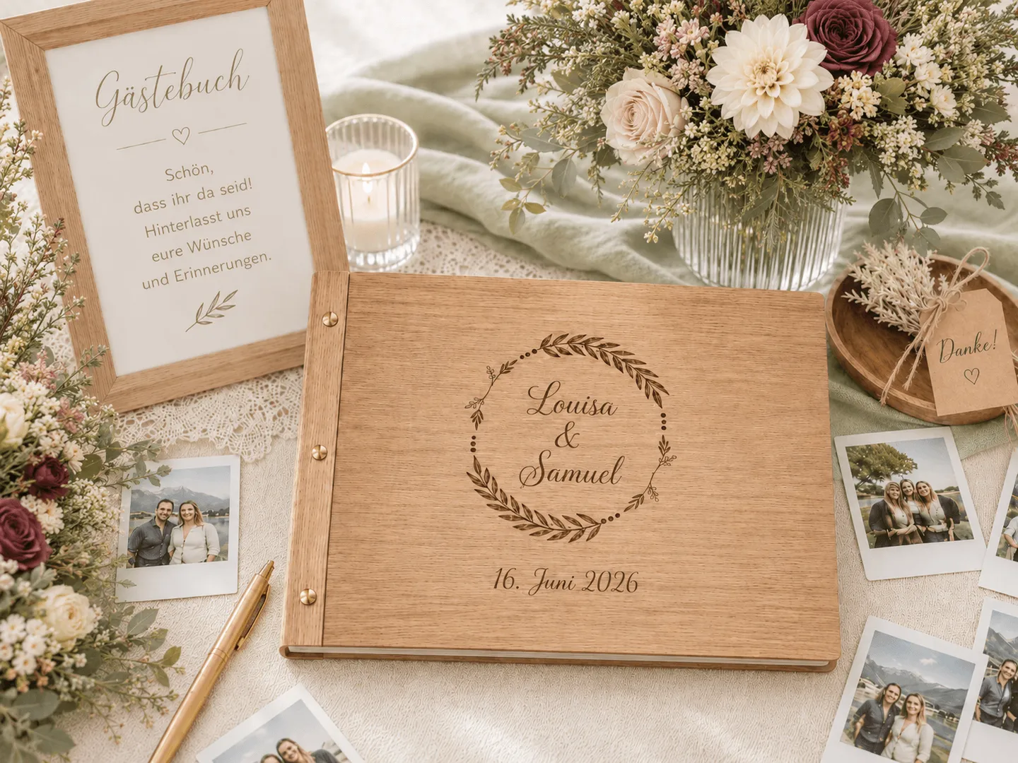 Personalisiertes Gästebuch mit Blumen bei einer Hochzeitsfeier.
