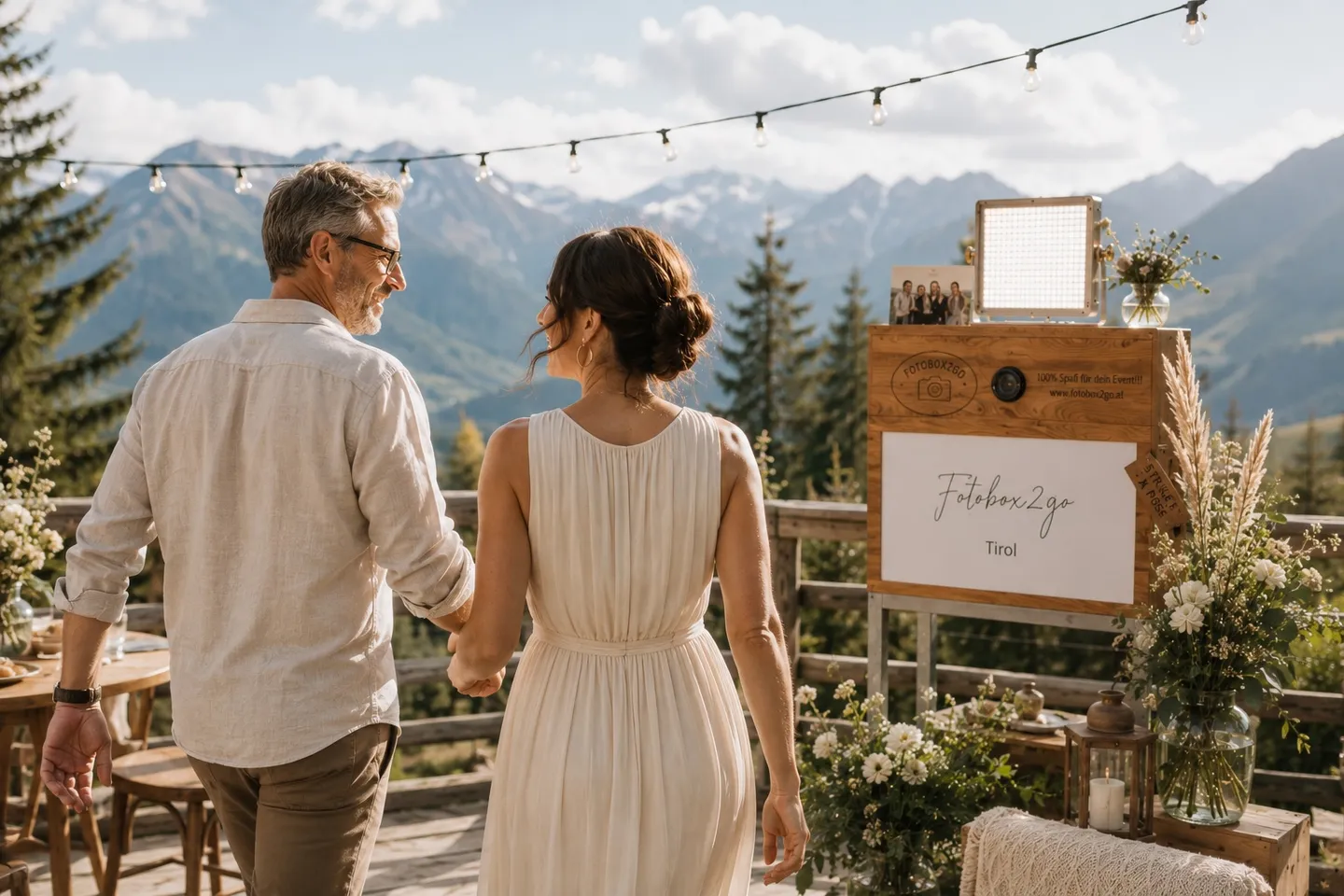 Brautpaar neben der Fotobox2go vor einer Tiroler Bergkulisse.