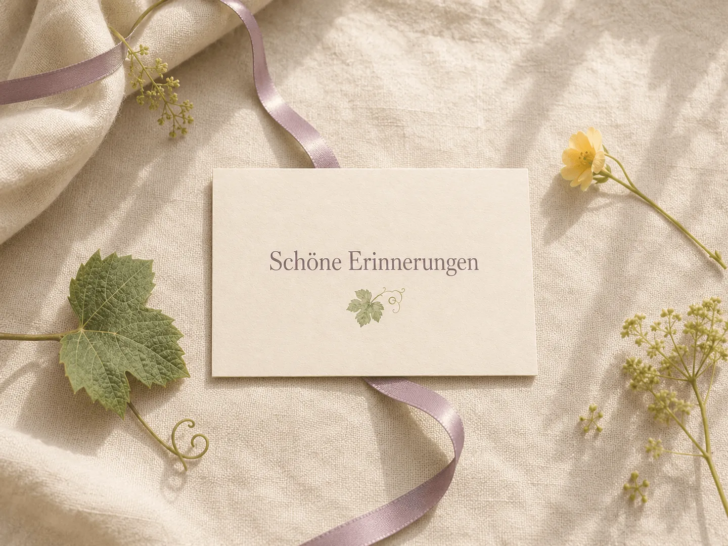 Karte mit der Aufschrift Schöne Erinnerungen auf hellem Stoff.
