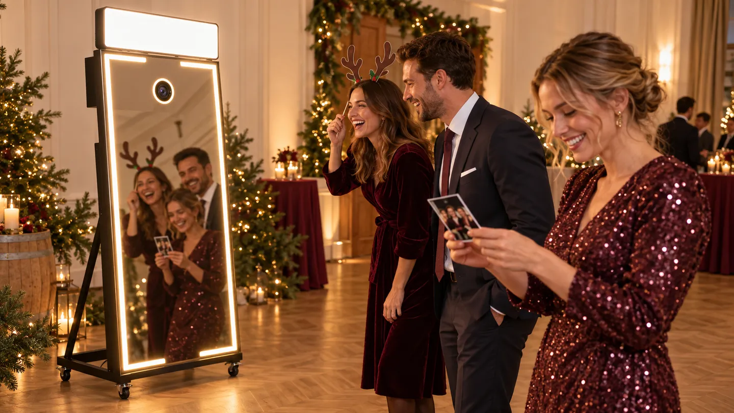 Gäste lachen vor dem Fotospiegel und halten weihnachtliche Kartonaccessoires und einen Fotoausdruck.