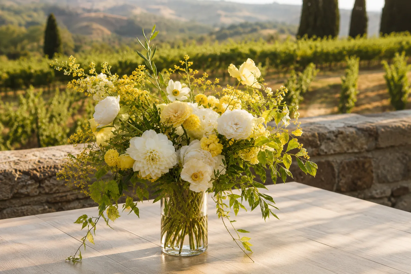 Brautstrauß mit Blumen vor Berg- und Seekulisse.