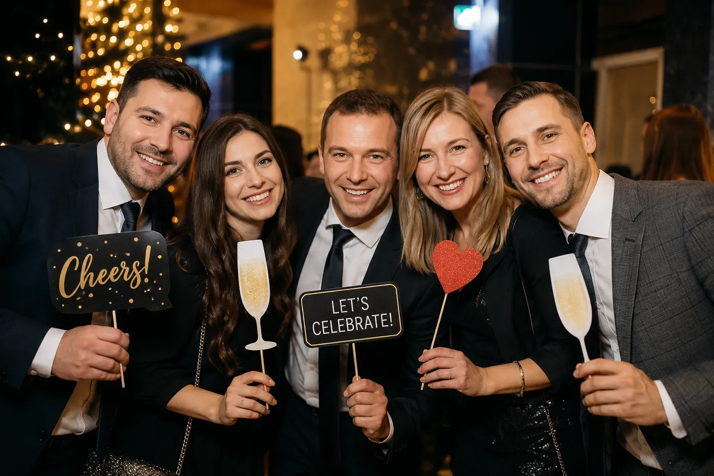 Fünf Personen feiern gemeinsam vor der Fotobox und halten Party-Requisiten.