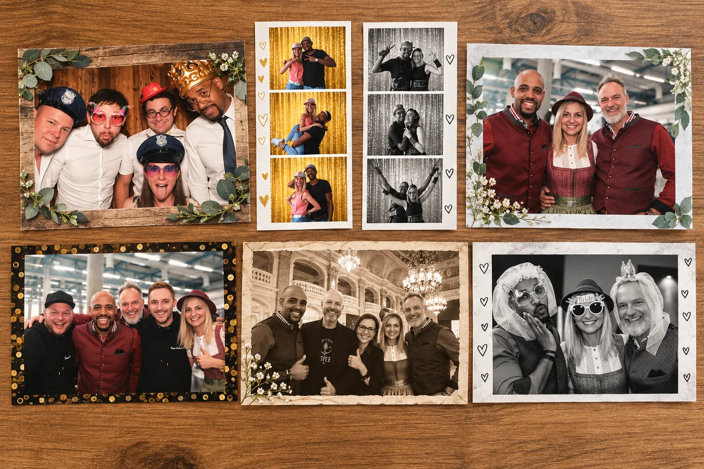 Eine Sammlung fröhlicher Fotoboxbilder und Fotostreifen mit unserem Team und Gästen.