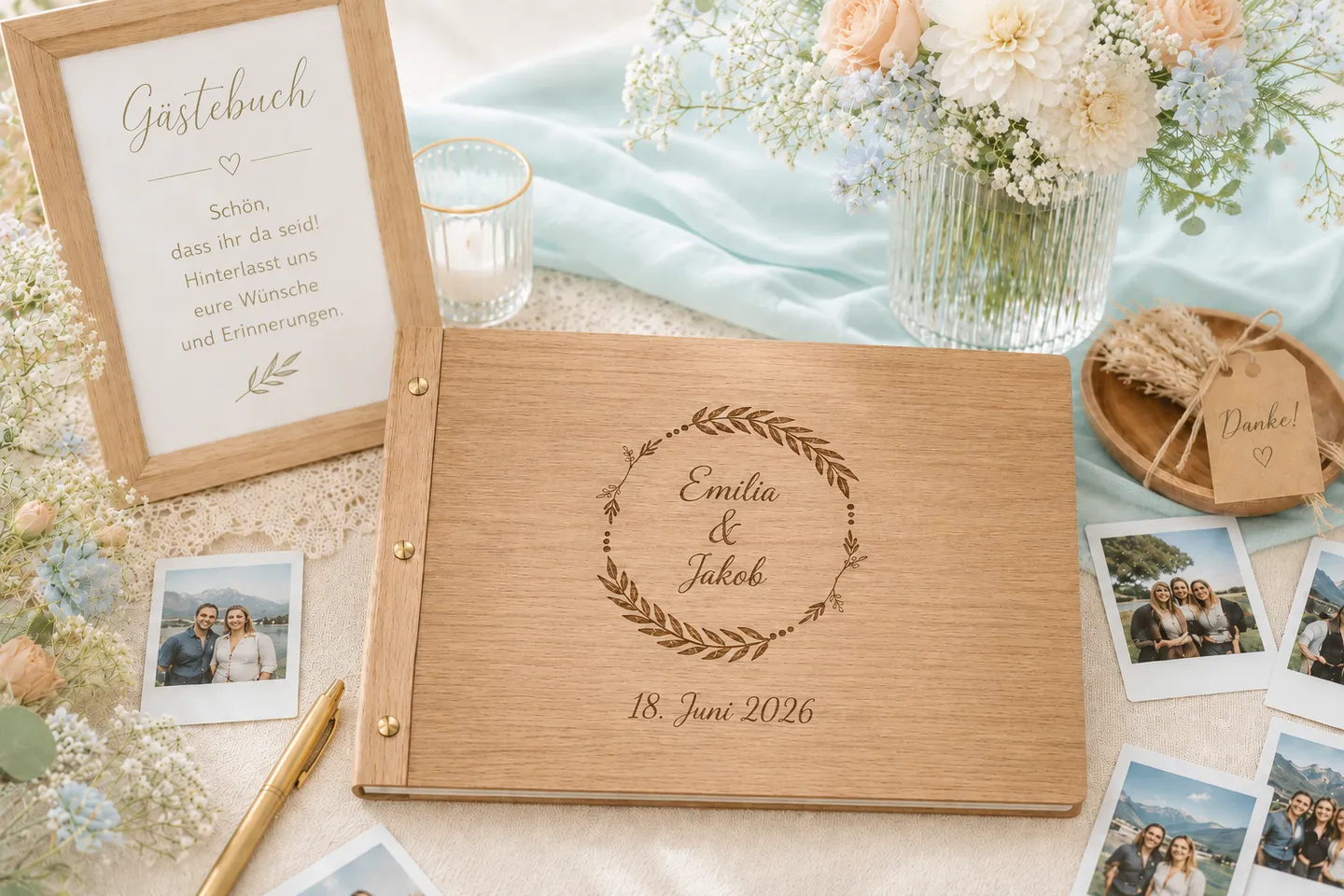 Personalisiertes Gästebuch aus Eiche mit Gravur, Blumen und Fotobox-Ausdrucken.