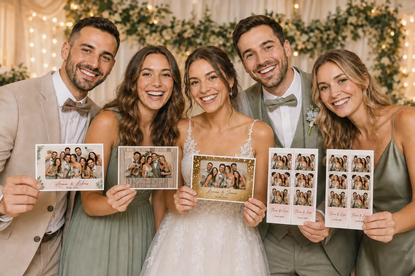 Eine Hochzeitsgruppe hält drei 10 × 15 cm Fotos und zwei mittig teilbare Fotostreifen-Ausdrucke in die Kamera.