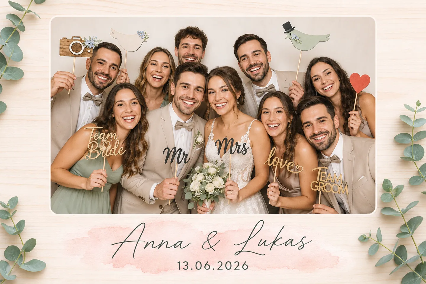 Fotobox-Ausdruck einer Hochzeitsgesellschaft in Farbe.