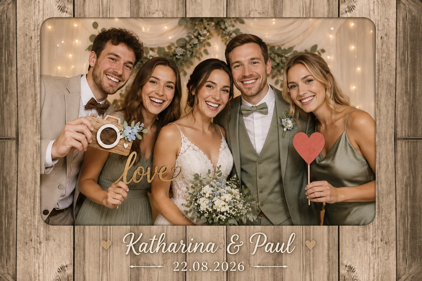 Vollständig sichtbarer Fotobox-Ausdruck mit Holzrahmen, Namen und Datum.