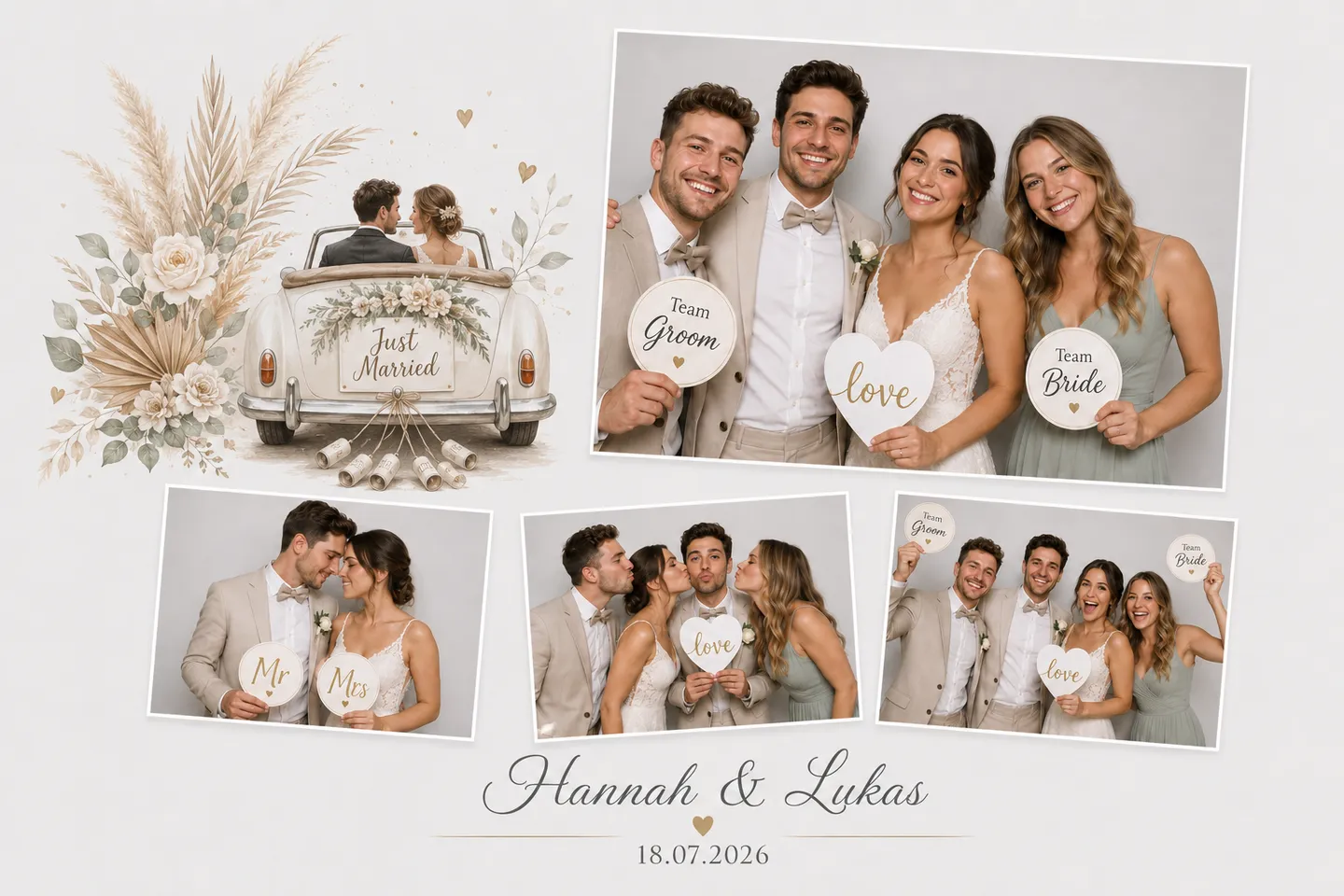 Vollständig sichtbare 4er-Collage einer Hochzeitsgesellschaft mit Boho-Hochzeitsmotiv.