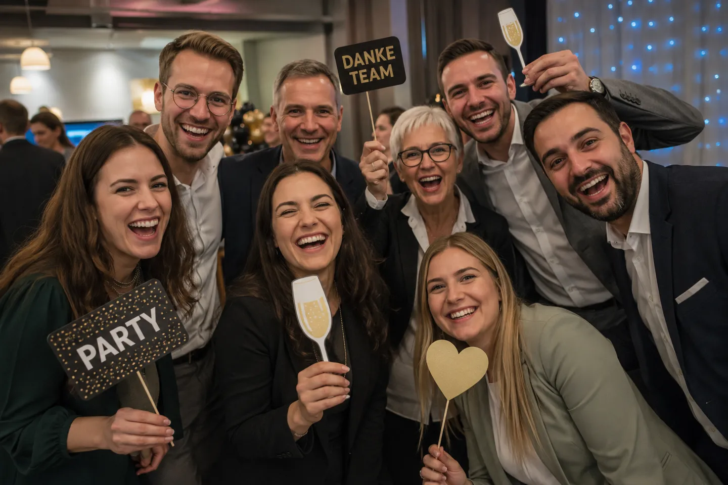 Eine fröhliche Gruppe bei einem Team-Event mit Fotobox-Requisiten.