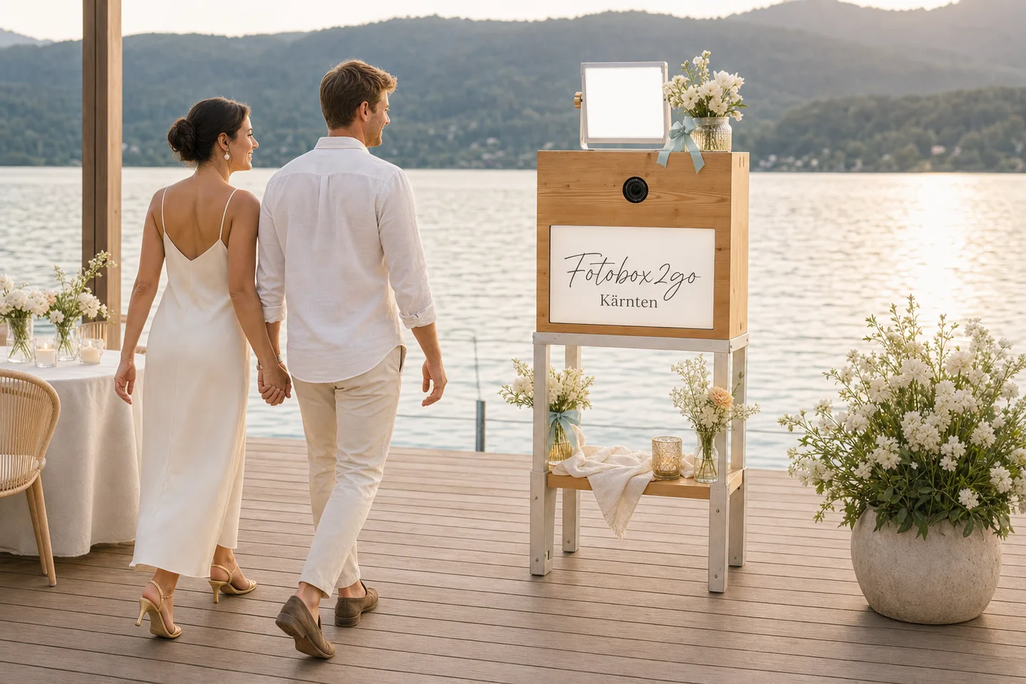 Paar auf dem Weg zur Fotobox bei einer Feier.
