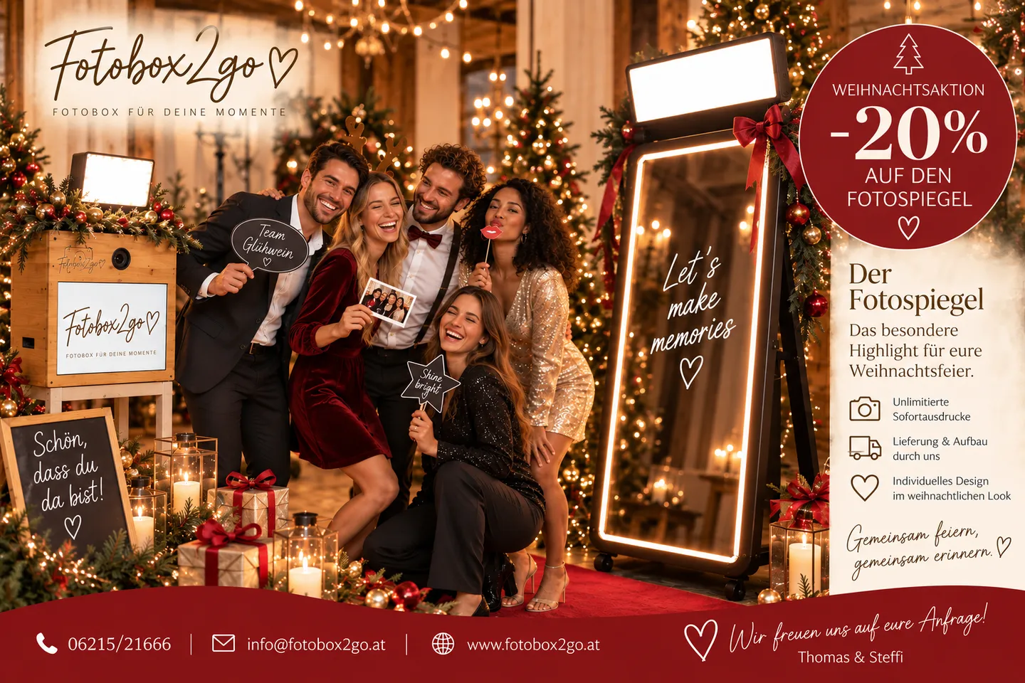 Weihnachtsangebot für den Fotospiegel: 20 Prozent Rabatt, mit unlimitierten Sofortausdrucken, Lieferung und Aufbau.