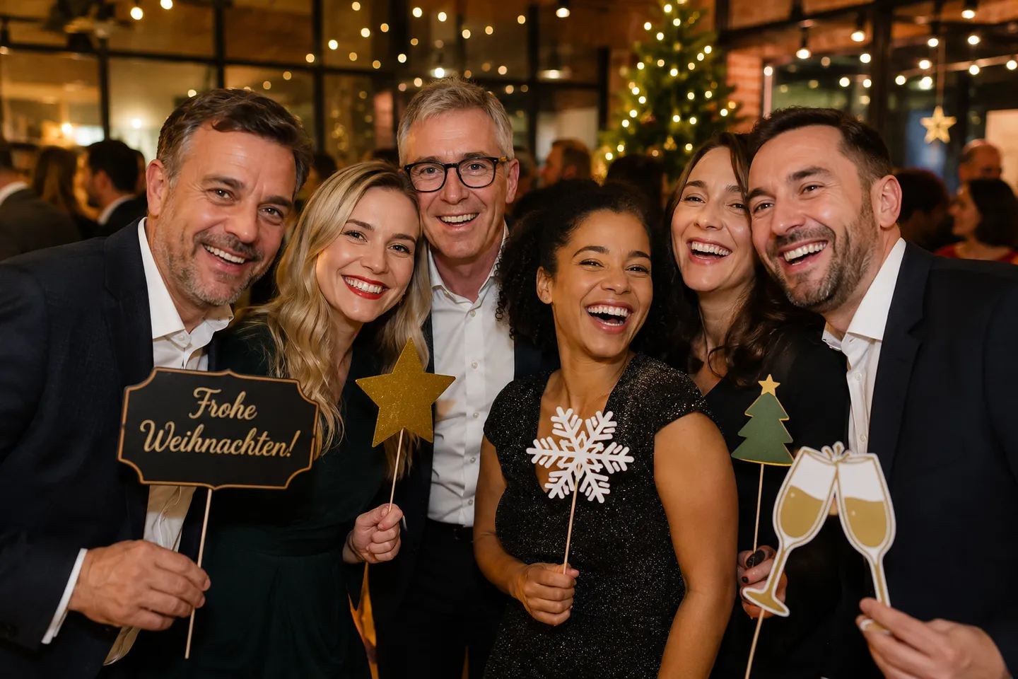 Eine Gruppe bei einer Weihnachtsfeier mit weihnachtlichen Fotobox-Requisiten.